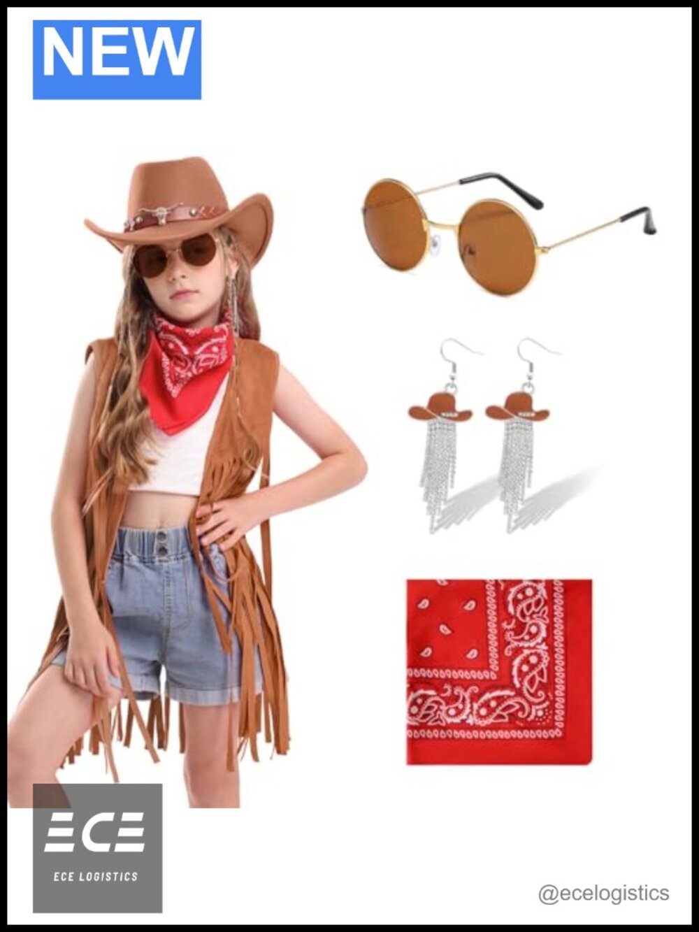 Girls Cowgirl Costume 6 Pc Western Outfit Fringe Vest Hat Halloween